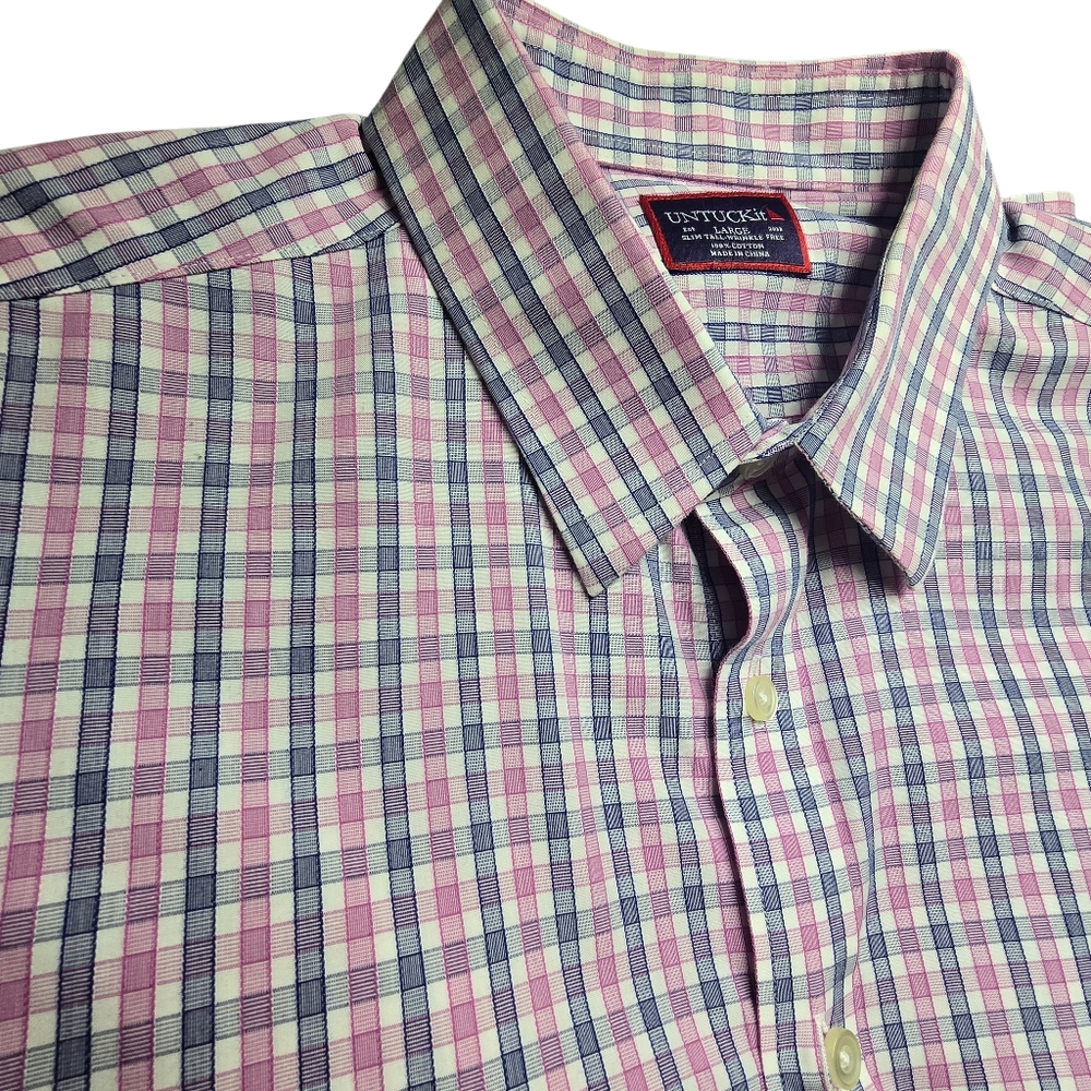 Men's UNTUCKit Slim Tall wrinkle Free Cotton Button-up Blue Pink Plaid Large